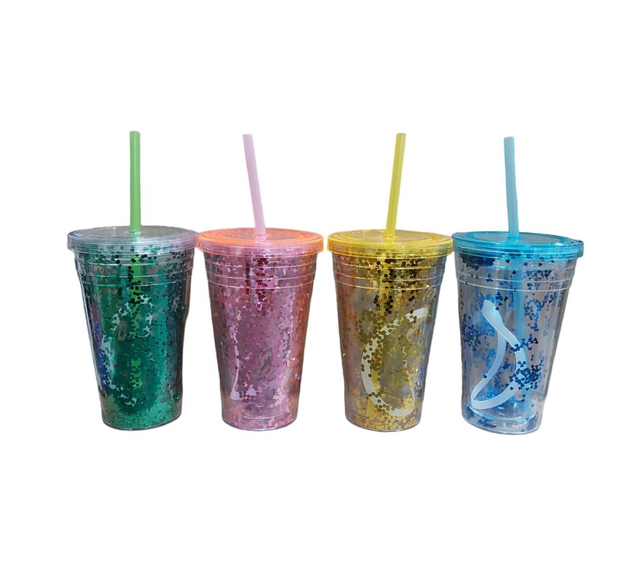 VASO ACRILICO CON GLITER CON TAPA Y SORBETE