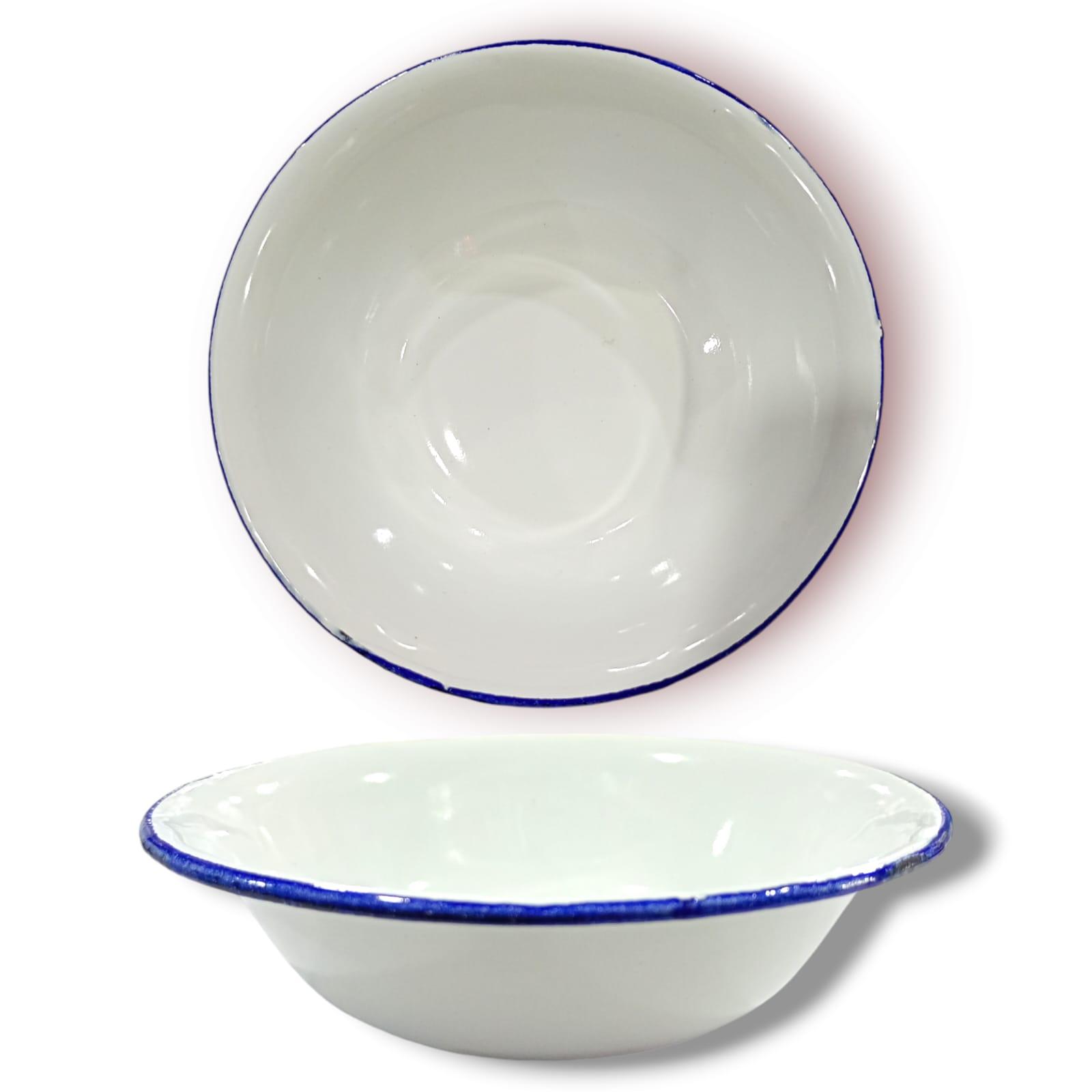 PLATO HONDO ENLOZADO BLANCO CON BORDE AZUL 22CM