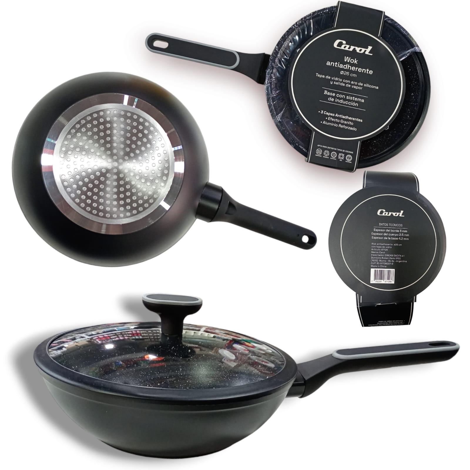 WOK ANTIADHERENTE EFECTO GRANITO CON TAPA CAROL NEGRO N*26